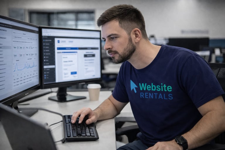 Man wearing Website Rentals shirt working at computer with multiple monitors displaying web design interfaces