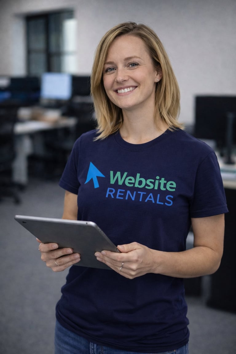 Woman in Website Rentals t-shirt holding a tablet in an office setting, smiling at camera